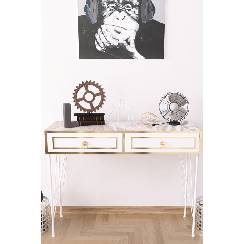 Console à pieds en métal, base en bois, blanc, 47 po Profondeur, 14 po, 35 po, table blanche et