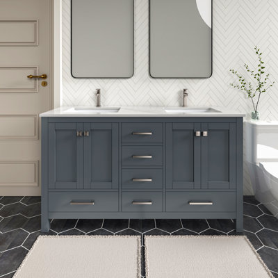 Anvay 60 in. Double Sinks Freestanding Bath Vanity in Charcoal Gray with Carrara Quartz Top