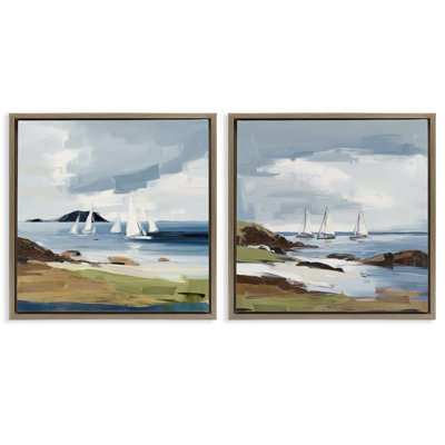 «Nautical Sea Vessels Beach View», ensemble de 2 toiles flottantes encadrées, design par Elara Yasna