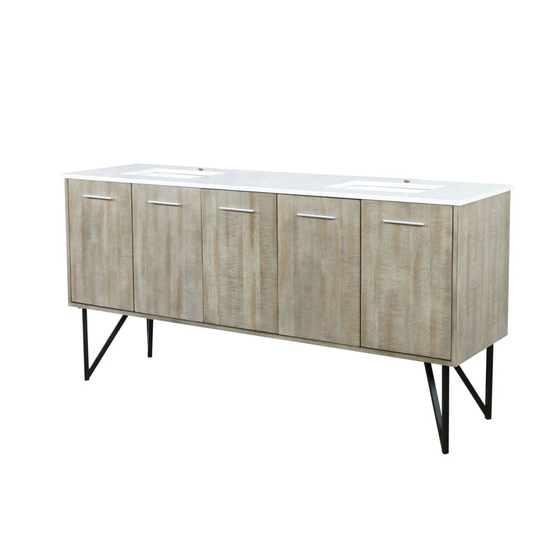 72 po W Double meuble-lavabo rustique avec comptoir en marbre - Bois massif, fermeture en douceur, égratignure et teinture, deux armoires de rangement, une tablette ouverte à tiroir, pré-percé pour robinet à un trou