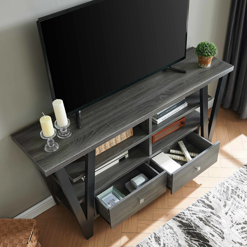 Grand meuble télé avec 2 tiroirs et tablette, gris / noir, 60 - 69 pouces positionnant gris + support noir, emmêlant