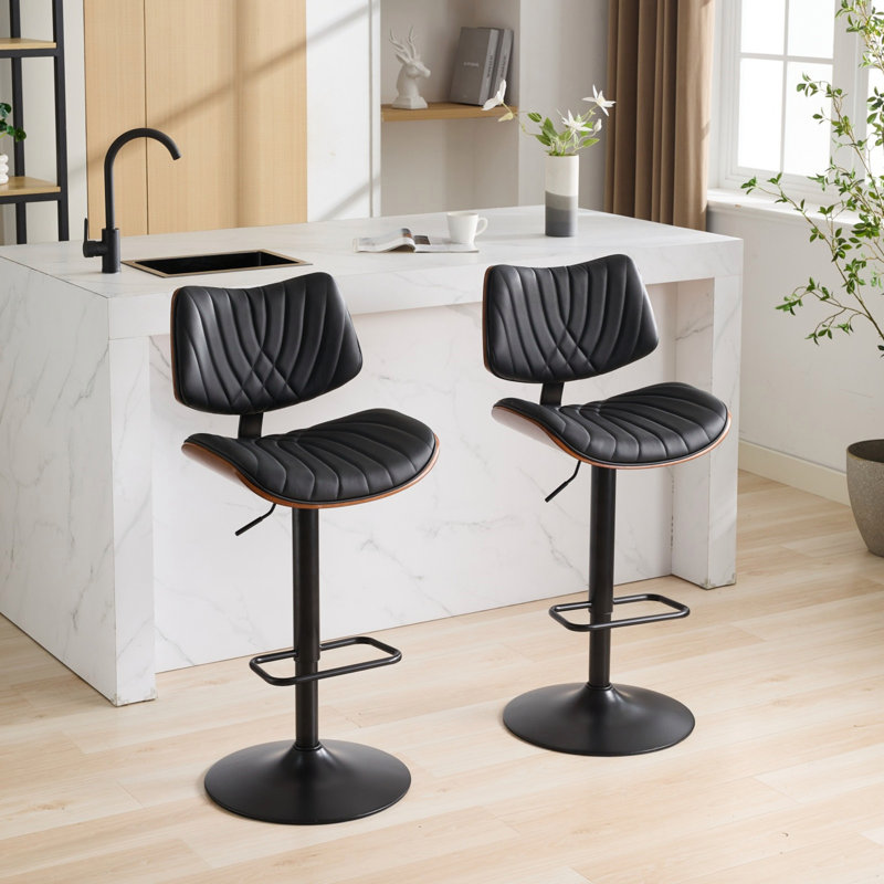 Walnut Bentwood Bar Stools Mid Century Modern Adjustable Counter Height Black Leather Upholstered 360°Swivel Bar Chairs For Kitchen Island/Dining Room/Cafe,Set 