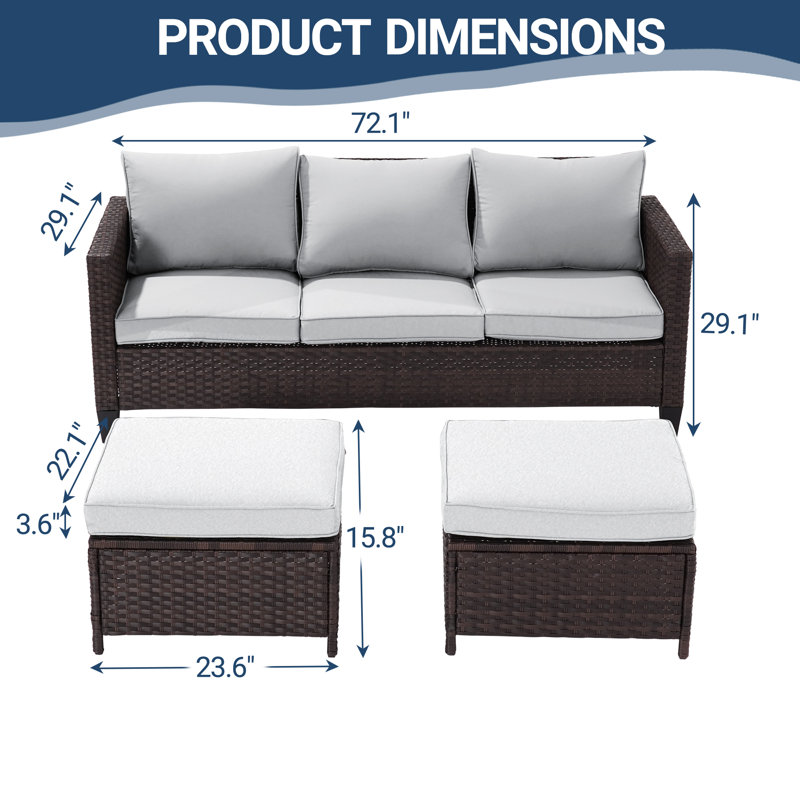 Balcom 3 - Person Patio Conversation Set with Cushions, Brown, Linen Gray