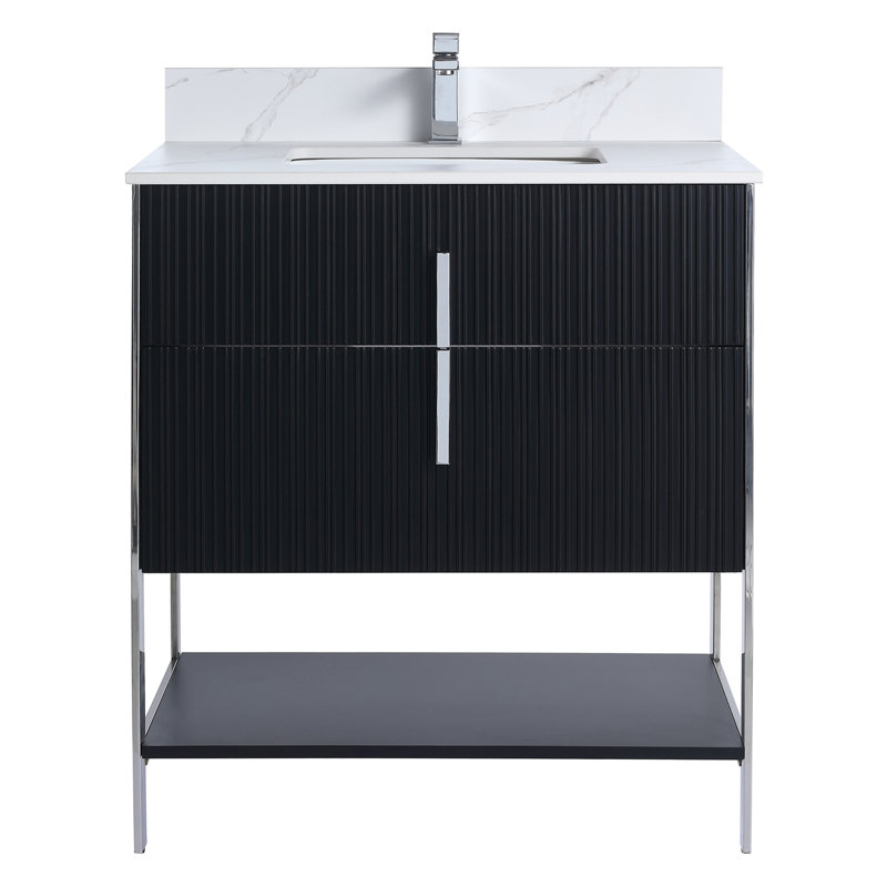 Meuble-lavabo moderne avec plateau en pierre Serenity, Noir mat / chrome, 30", Marbre de Carrare blanc