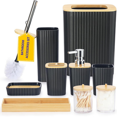 Ensemble d'accessoires de salle de bain, ensemble de 9 accessoires de salle de bain blanc avec poubelle, porte-brosse à dents, distributeur de savon, brosse à dents, plateau de coiffeuse, porte-savon, brosse à toilette, porte-coton