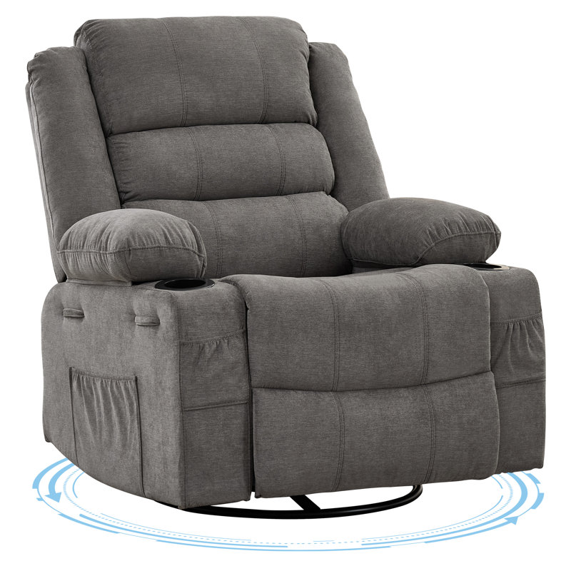 Fauteuil inclinable et pivotant avec pivotement à 360 ° et fauteuil oscillant manuel large avec porte-gobelets et poches latérales