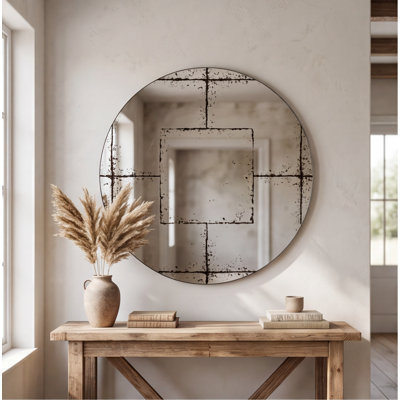 36-Inch Round Wall Mirror with Slim Iron Frame, Vintage Industrial Design, Black or White