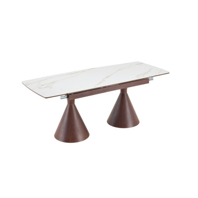 Extendable Stone-Top Dining Table: White marble-patterned tabletop with walnut-colored tapered metal legs. A modern, luxury-inspired rectangular dining table for home use, suitable for 4–8 people.