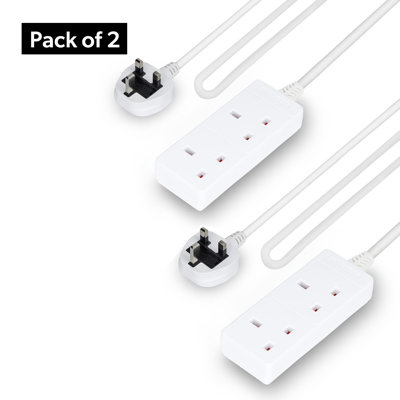 GEEPAS 2 Gang Extension Lead, 1M Cable | 2-Way Plug Extension Cable, 13 A | Wall Mountable & Multi Socket Mains Strip for Home Bedroom Office | Heavy Duty UK Plug | White, Pack of 2