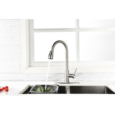 Robinet rétractable à poignée simple en nickel brossé pour évier de cuisine - Robinet en acier inoxydable à grande arche