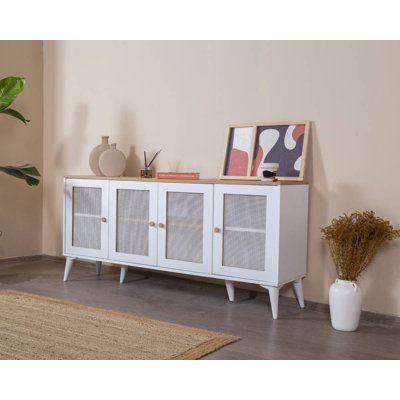 Modern Console Table with Soft-Close Doors, White & Oak Finish, 70.9 x 31.5 x 16.1 inches | 100% MDF with Hornbeam Wood Legs | Wall-Mountable Design, Multiple Shelves for Stylish Storage & Display