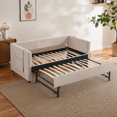 Twin Size Upholstered Daybed With Trundle,USB Port ,Side Pockets, Modern V-Grained Backrest Design,No Box Spring Needed, For Bedroom, Guest Room ( Beige)