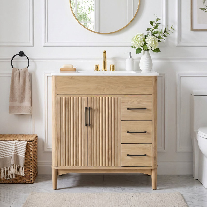 Meuble-lavabo autoportant cannelé traditionnel de 30 po avec pieds en bois d'hévéa, couleur bois naturel