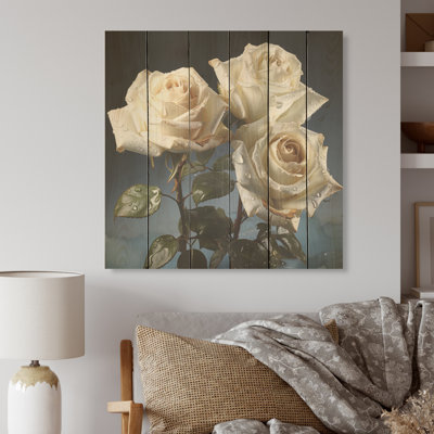 «Monocrhome White Roses Blooming - Roses, art sur bois de pin naturel