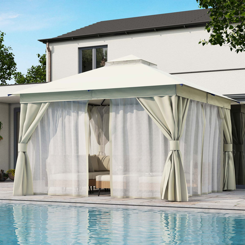 Pavillon de jardin blanc avec double toit Decksplore, moustiquaire et rideaux d'intimité, structure en métal robuste