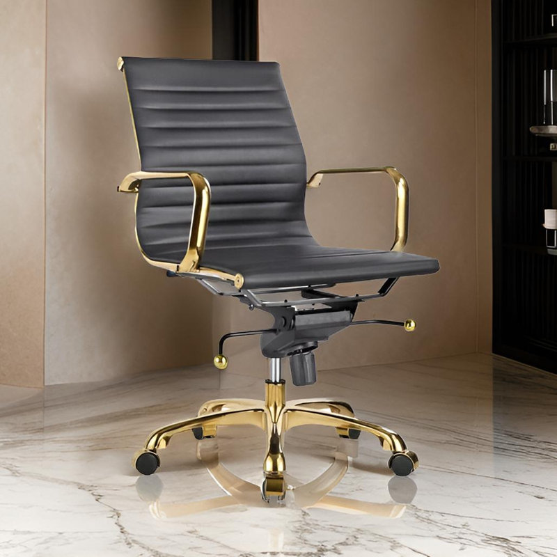 Chaise de bureau Toni à dossier bas avec structure dorée, Noir, noir, noir, noir