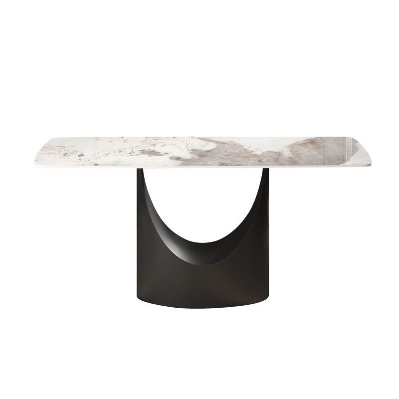 Table de salle à manger moderne de 63 po en pierre frittée pour 6 personnes avec base en métal incurvée en forme de U et coins arrondis