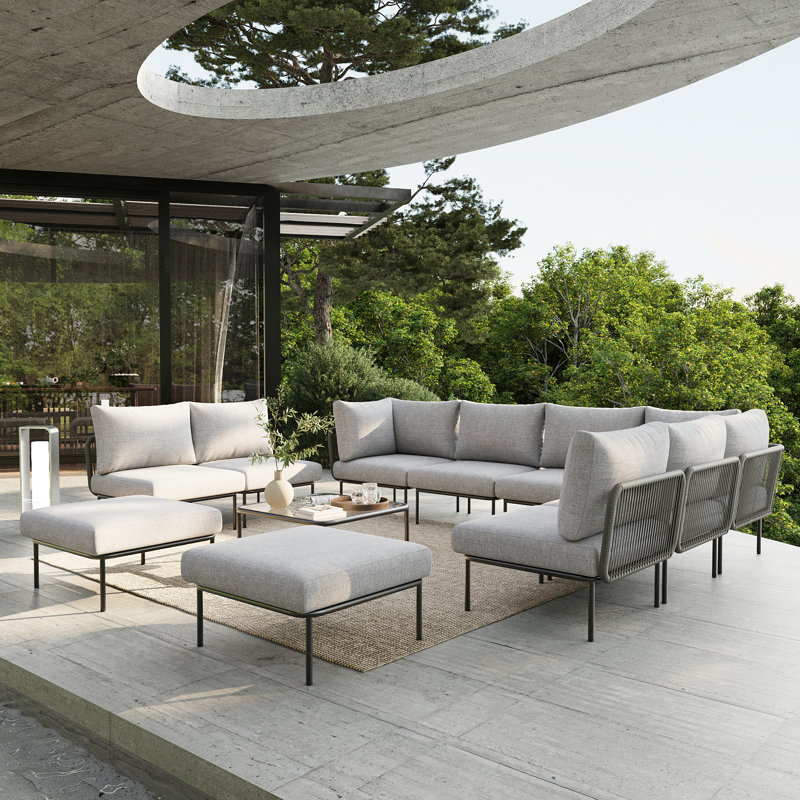 Latitude Run® 11 Pieces Aluminum Patio Furniture Set, Modern Modular Sectional Sofa with Coffee Table and Upgrade Thickness Cushion