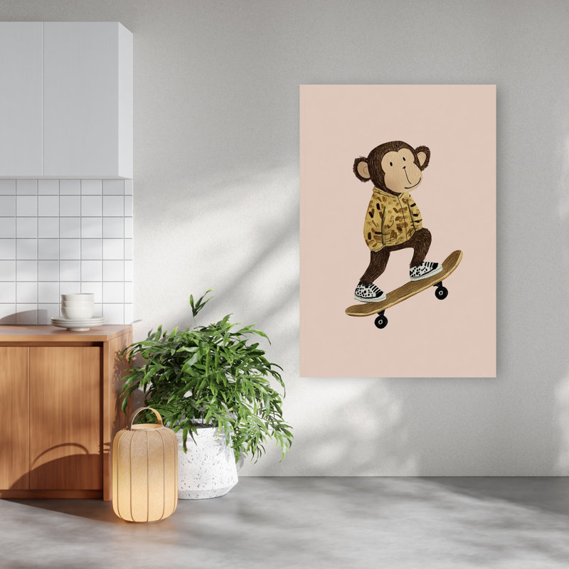 Skateboarding Monkey Fun Playful Contemporary Monkey Urban Wall Art Print 1 Piece Wrapped Canvas Wall Art