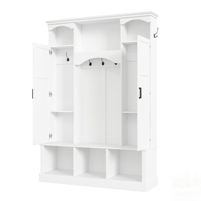 Modern All-In-One Hall Tree With Adjustable Shelves, Classic Arched Farmhouse Storage Bench With Dual Side Cabinets, Elegant Entryway Organizer With 7 Hooks For Mudroom, Hallway