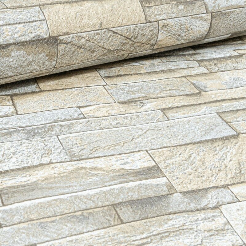  Slate Brick Effect Wallpaper Rustic Faux Stone Stacked Block Grey Beige Matt 05222-30