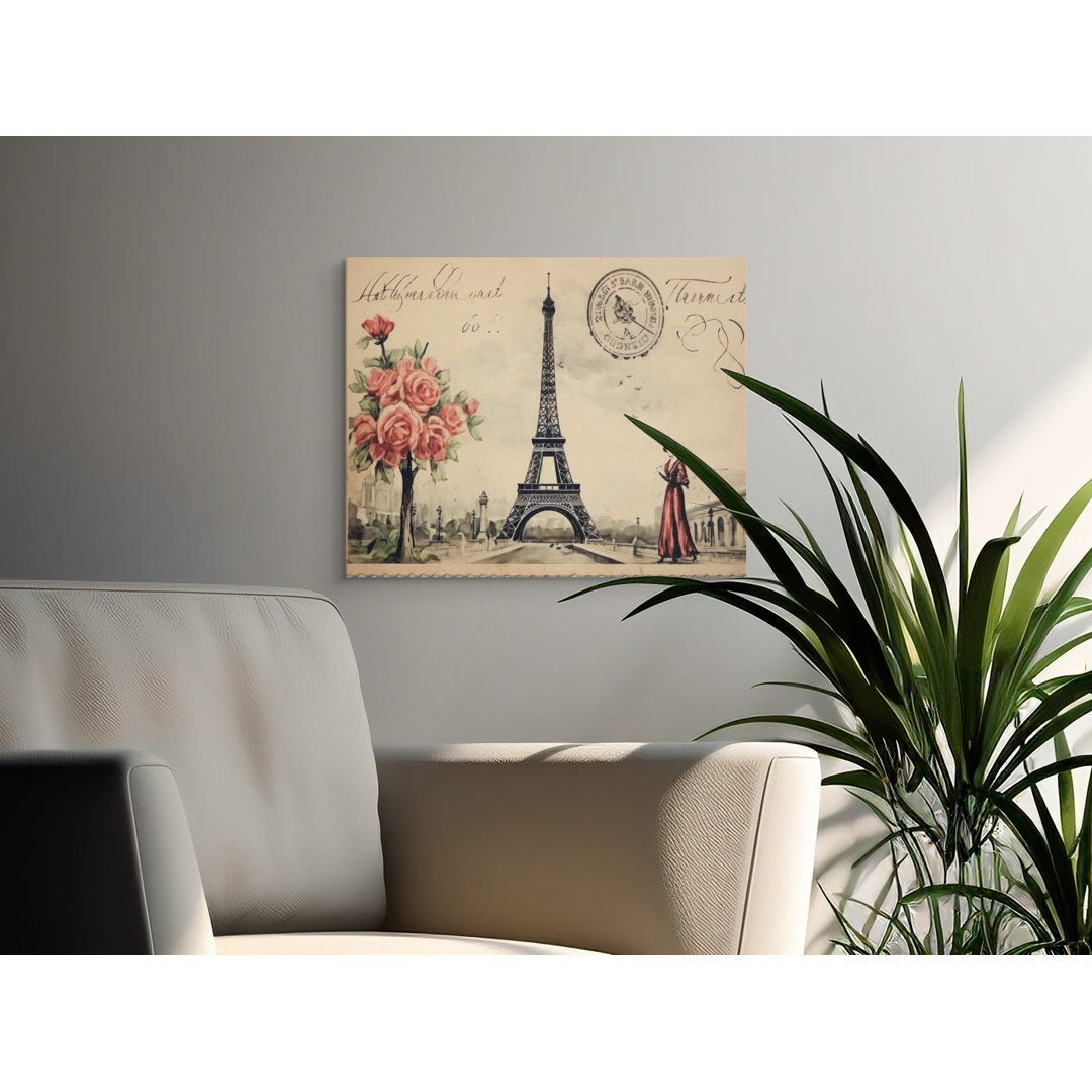 Eiffel Tower Canvas Wall Art, Vintage Paris Postcard Print, Gallery Wrapped Canvas, Ready to Hang, Archival Quality, French Decor