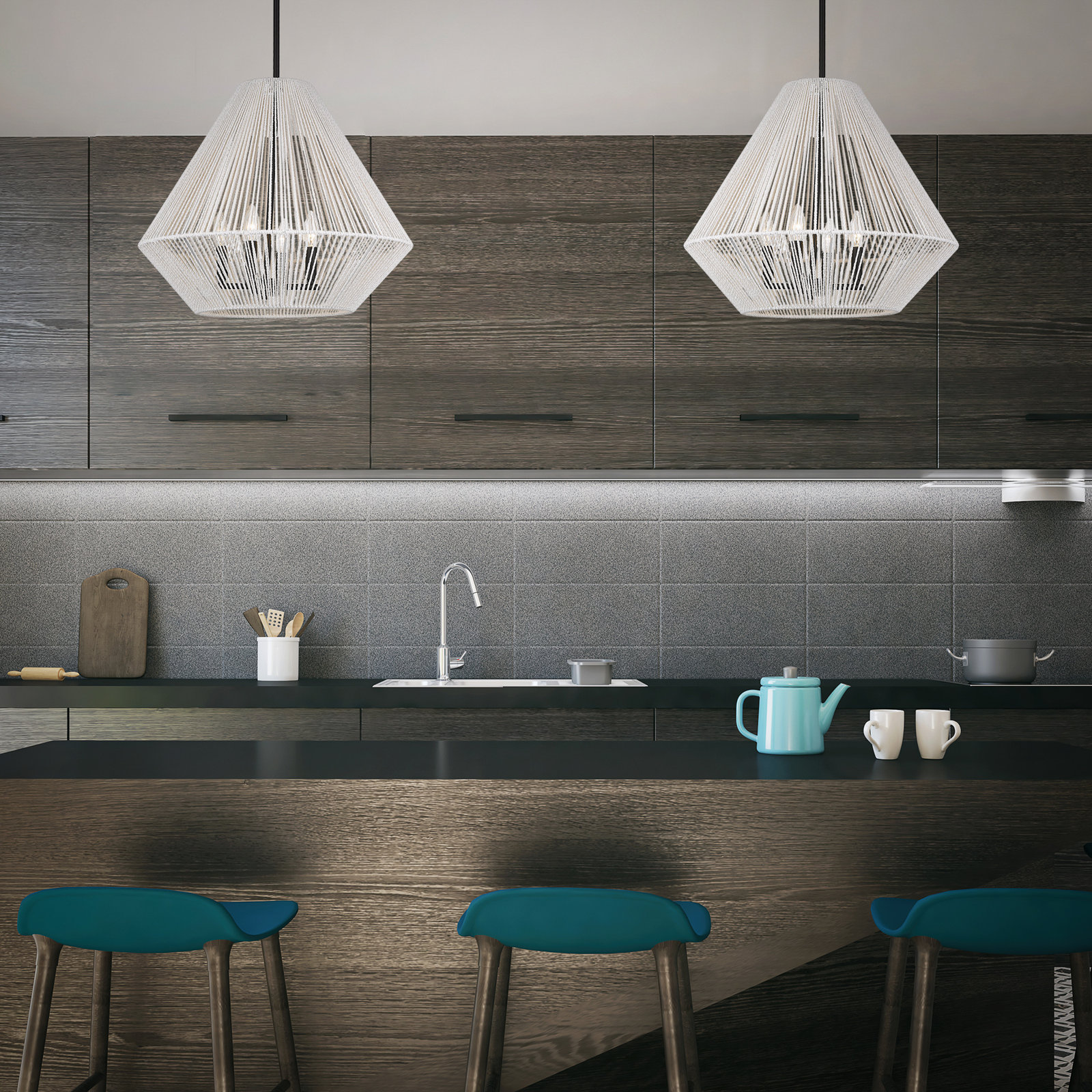 Simon 4 Light Cotton Steel Dimmable Pendant, Bleached White Raphia Rope