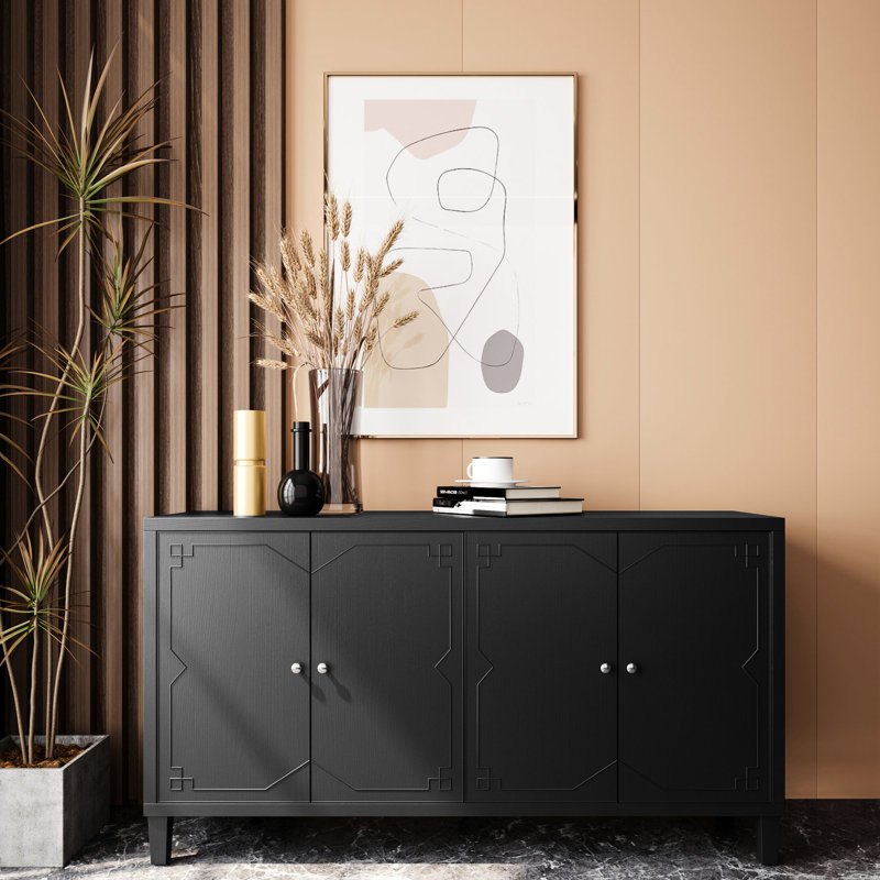 Armoire décorative à 4 portes, rangement pour buffet en bois, noir mat, pour la cuisine, l'armoire de rangement, le buffet de porte fonctionnelle et la salle à manger, finition noire