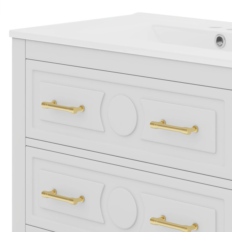 Ensemble de meuble-lavabo 30 po avec lavabo en céramique et 3 tiroirs, Blanc, Doré