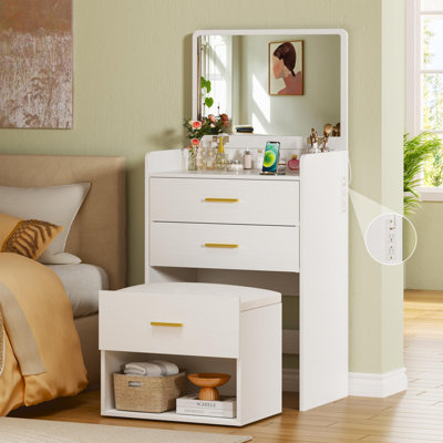 Bureau de coiffeuse 3 en 1 Hartnett avec miroir rabattable et fauteuil