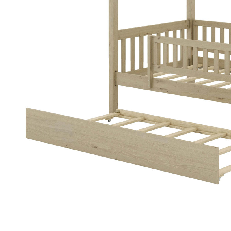 Wooden House Bed with Trundle, Twin, Oak