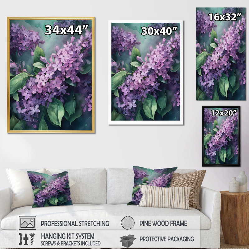 Fleurs de lilas vertes parfumées II, H 32 po x l 16 po x P 1 po, Cadre flottant doré