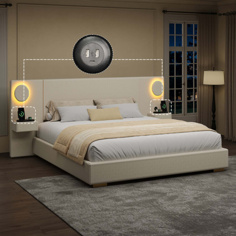Lit plateforme tapissier avec lumières circulaires à DEL, ports de chargement USB et tiroirs de rangement latéraux, King