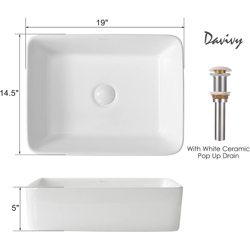 Davivy 19" Rectangular Ceramic Bathroom Vessel Sink Counter Top Sink White