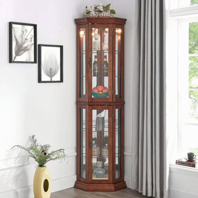 Vitrine de coin avec lumières, tablettes réglables en verre trempé, dossier en miroir, vitrine, noyer clair (ampoule E26 non incluse)