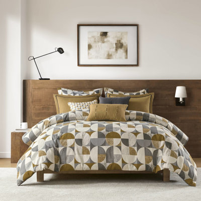 Édredon de 9 pièces en or, motif géométrique scandinave Mid-Century, confortable et paisible toutes saisons, housse de couette amovible avec attaches intérieures, espace de sommeil, bouton caché