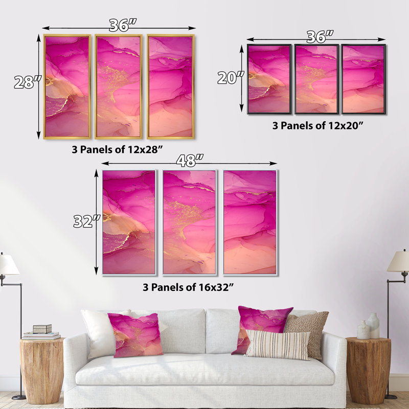 Ensemble abstrait d'art mural en toile abstraite, nuage d'encre rose doré - nuages d'encre rose et or, Encadrement brun
