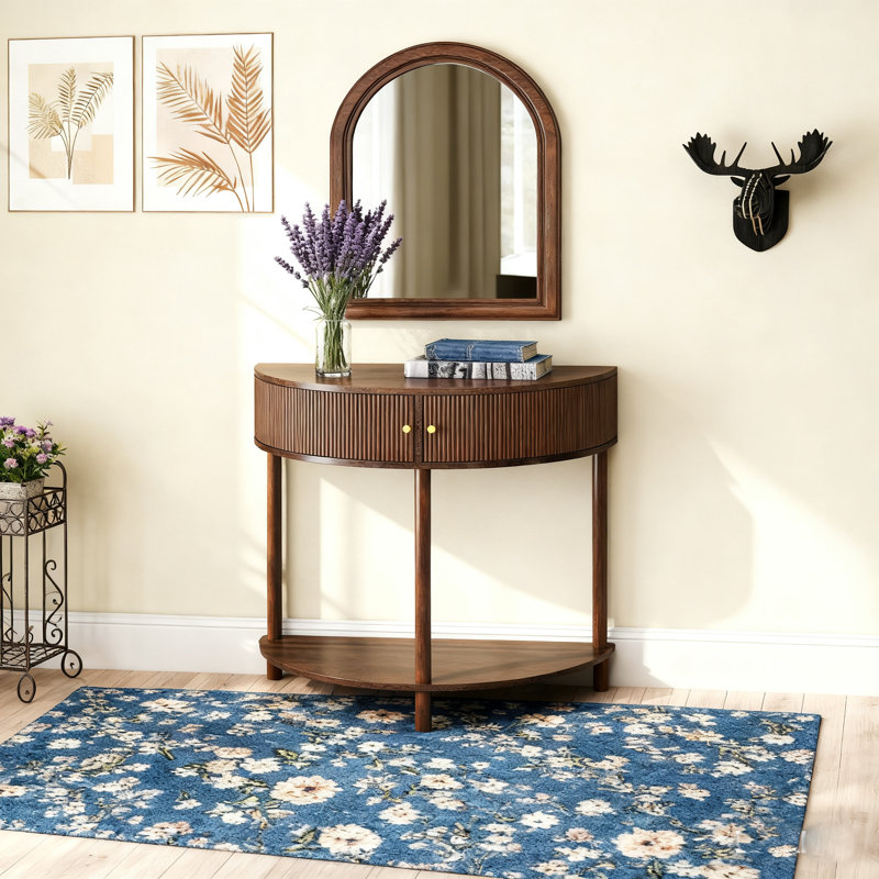 Console Table Half Moon Design End Table With 2 Storage Drawers And Bottom Shelf For Living Room, Bedroom, Study, Hallway