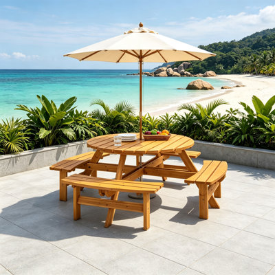 Table de pique-nique ronde en bois de sapin pour 8 personnes avec 4 bancs intégrés, ensemble de salle à manger d'extérieur robuste avec trou pour parasol - jaune naturel