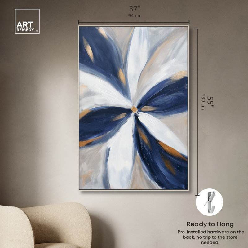 Toile blanche et bleue II avec art abstrait indigo par Art Remedy, H 55 po x l 37 po, Cadre argenté