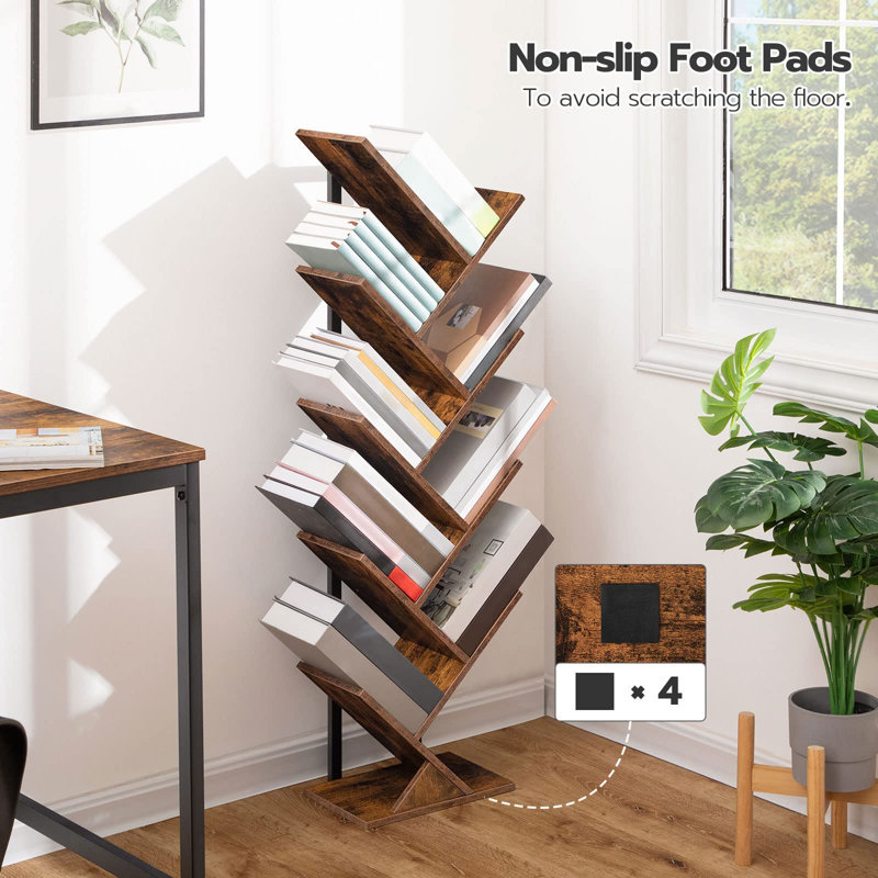 Rustic Brown 9-Tier Tree Bookshelf with Metal Frame