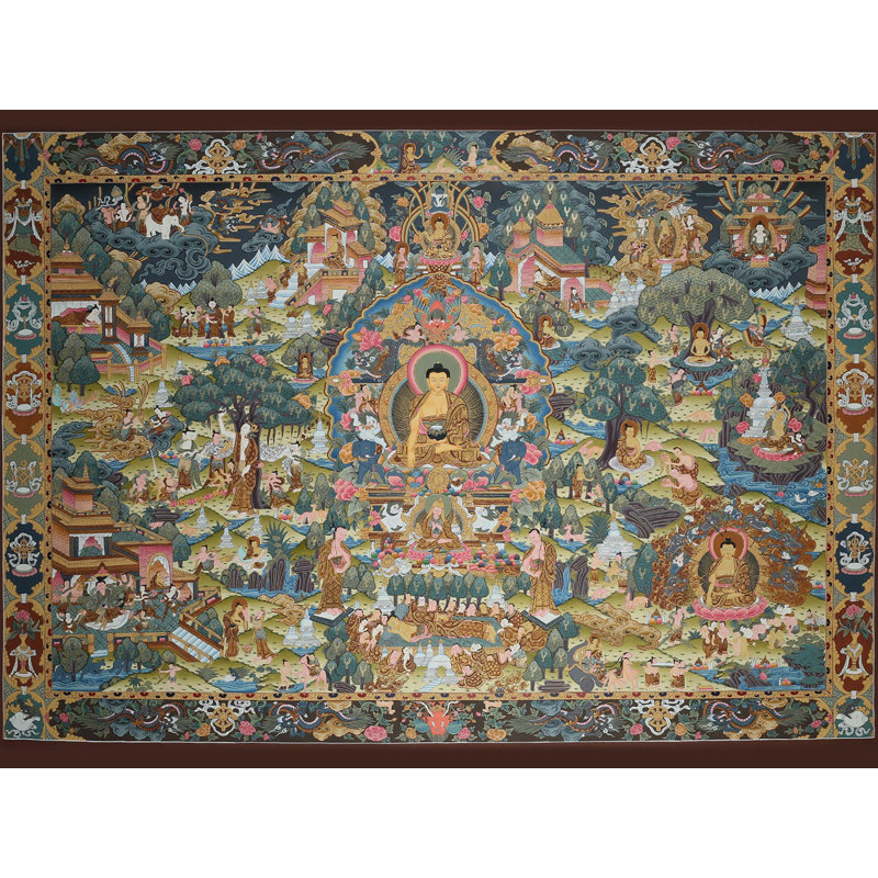 Histoire de vie du Bouddha (Thangka sans brocart) | Or pur 24 carats avec peinture acrylique