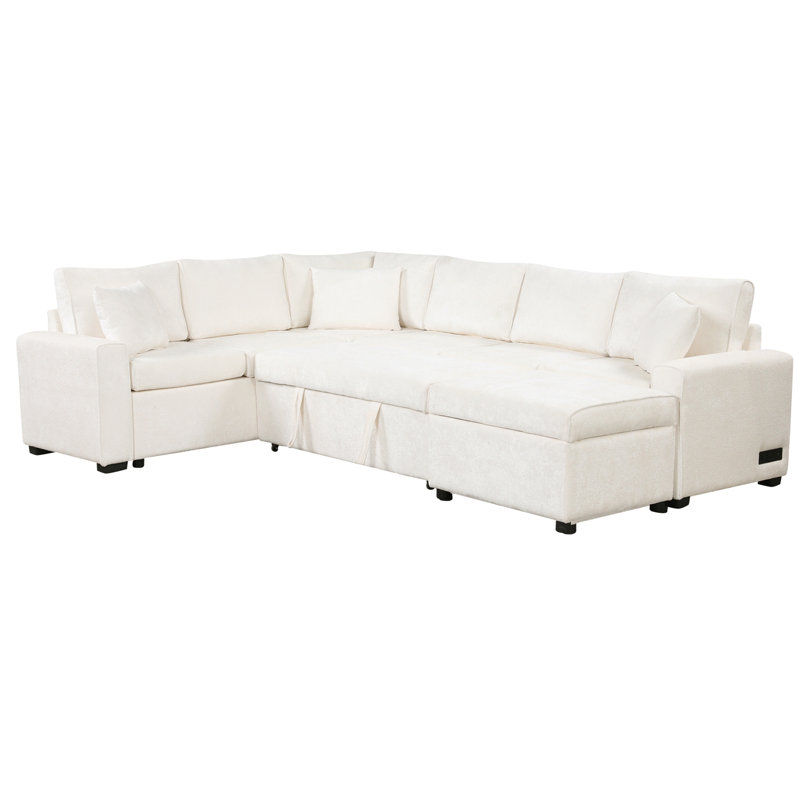 112.2" Sectional Sofa Pull-Out Sofa Bed Sleeper With A Storage Ottoman,Three Pillows And Charging Devices For Living Room