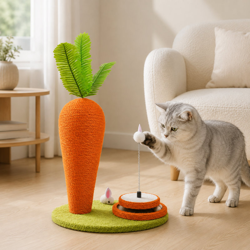 Centre d'activités pour chat en sisal en forme de carotte avec rail à roulement à billes et jouet à pompons