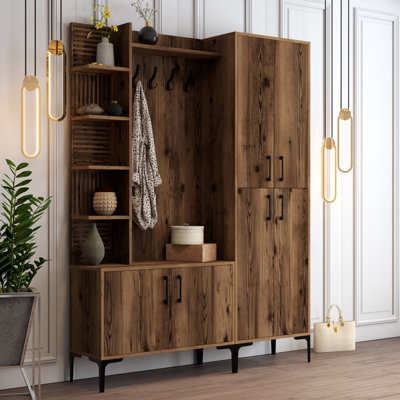 Stylish Hall Stand with Metal Legs & Handles, Walnut Color, 59.1 x 13.8 x 78.7 inches | 100% Melamine Coated Particle Board, 0.7 inches Thick | Numerous Shelves, Wall-Mountable, Rustic & Traditional Design