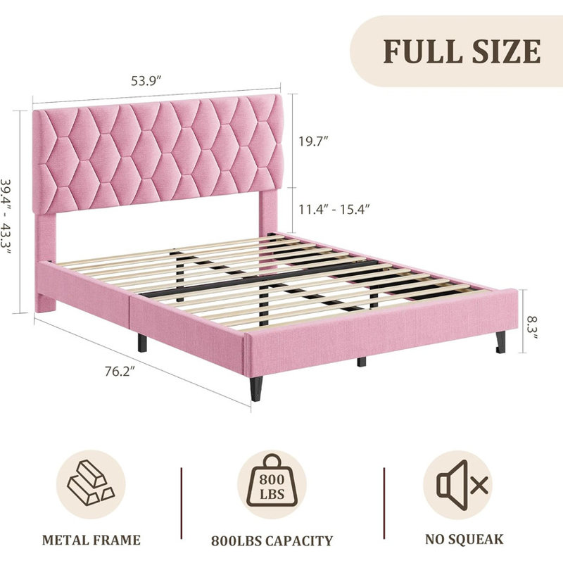 Structure de lit tapissier avec tête de lit, lit plateforme robuste, sans sommier, Lit double, Rose