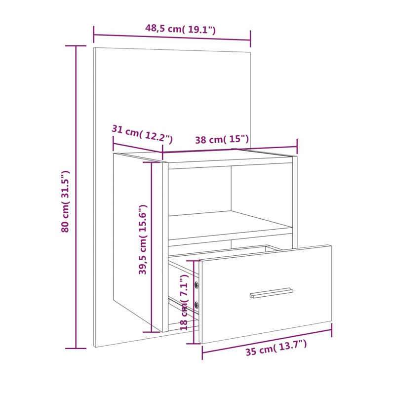 Jaicee Wall-mounted Bedside Cabinet, Sonoma Oak, Set of 2