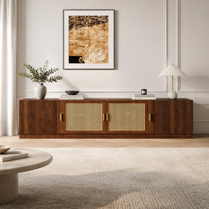 Meuble télé 78 po Mid-Century pour téléviseur de 85 po ou moins, console multimédia à porte cannelée en rotin avec tablettes réglables et trous pour câbles, centre de divertissement rétro pour la chambre à coucher du salon