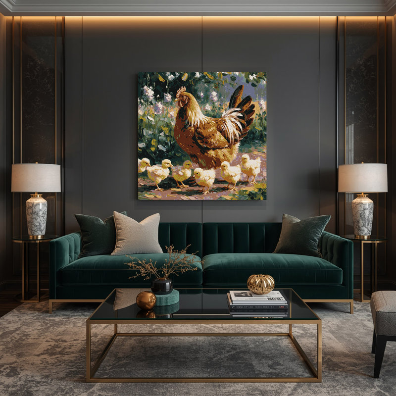 «Farm Hens with Chicks», art mural sur toile brune, H 12 po x l 12 po