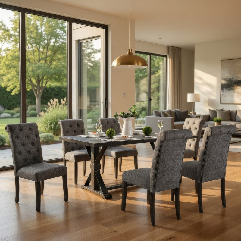 Ensemble de table de salle à manger 7 pièces Fredy, base à double piédestal, 6 chaises en tissu beige